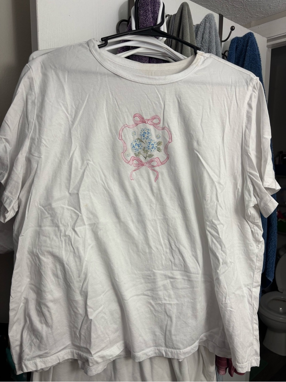 White Short-Sleeve Tee with Pink Bow Floral Graphic